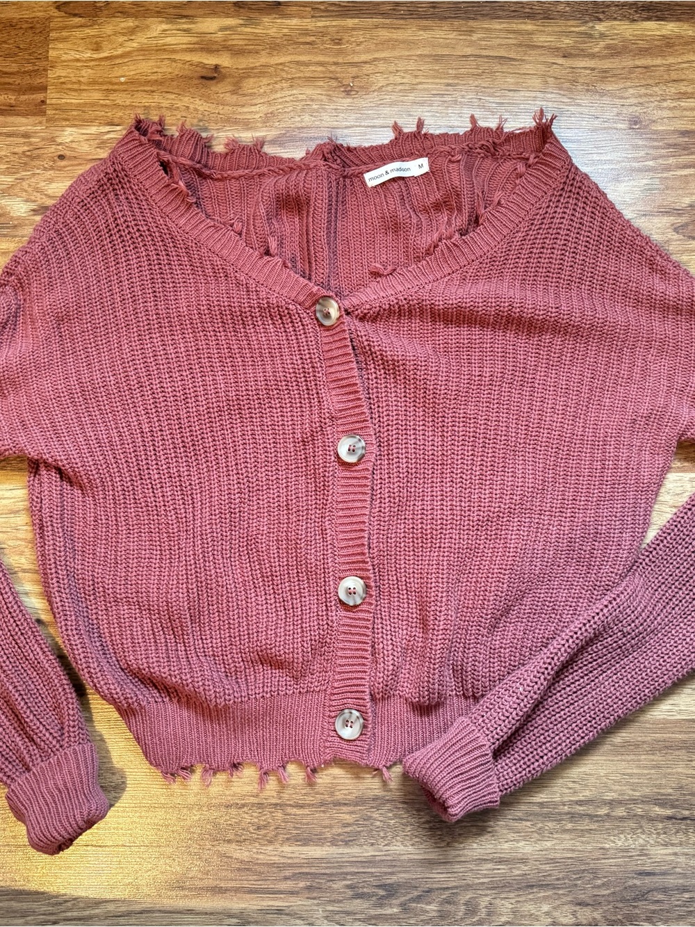 moon & madison Dusty Rose Distressed Button-Front Knit Cardigan